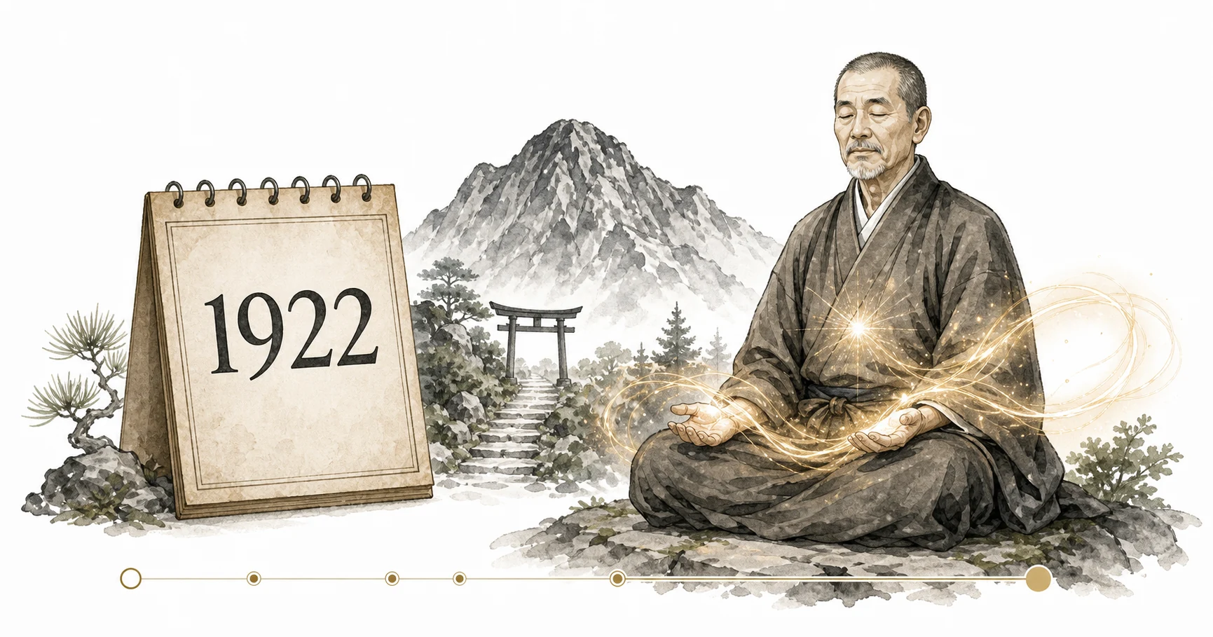 Timeline illustration showing Mikao Usui's 1922 Reiki discovery on Mount Kurama