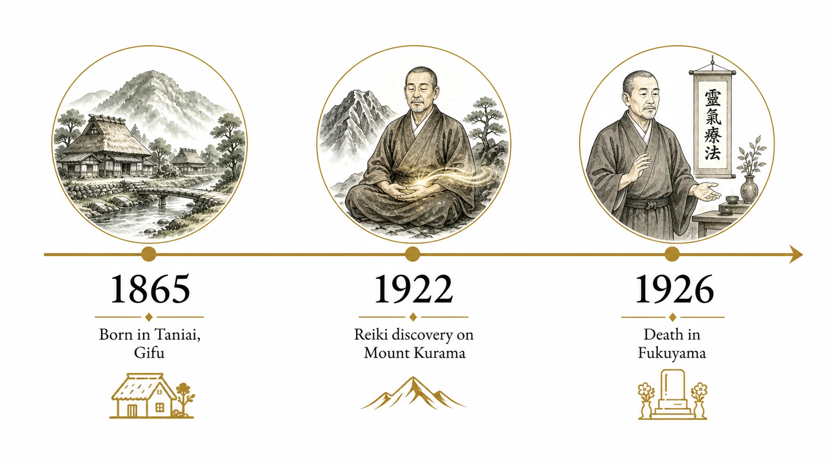 Timeline showing Mikao Usui's birth in 1865, Reiki discovery in 1922, and death in 1926