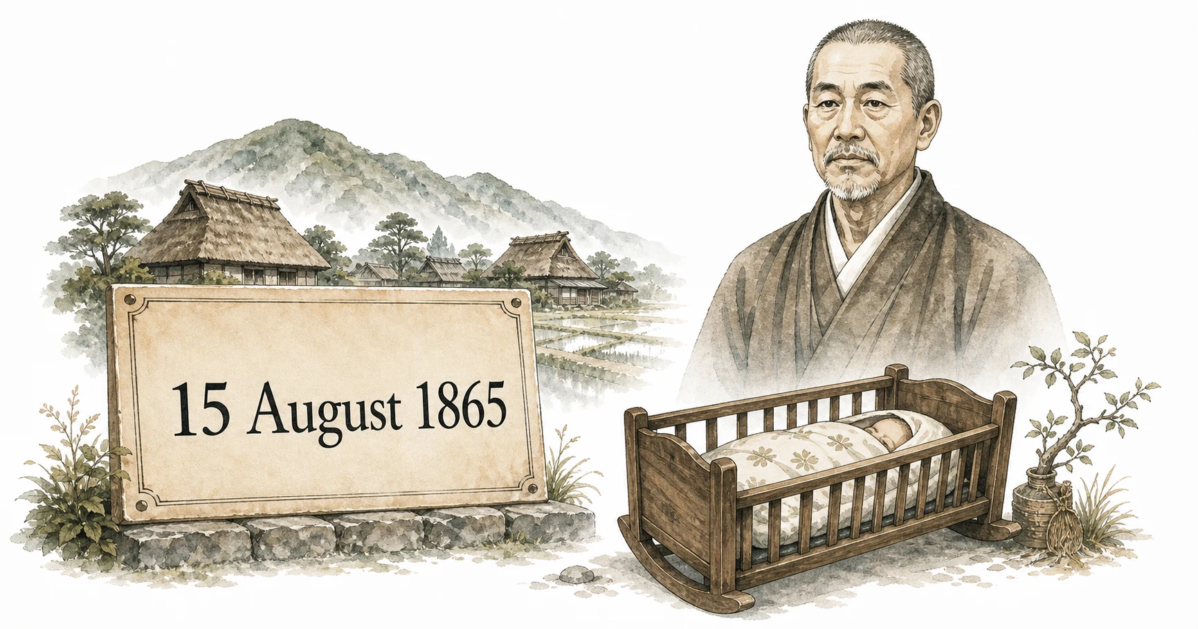 A white-background historical illustration of Mikao Usui's 1865 birth date and rural Gifu birthplace