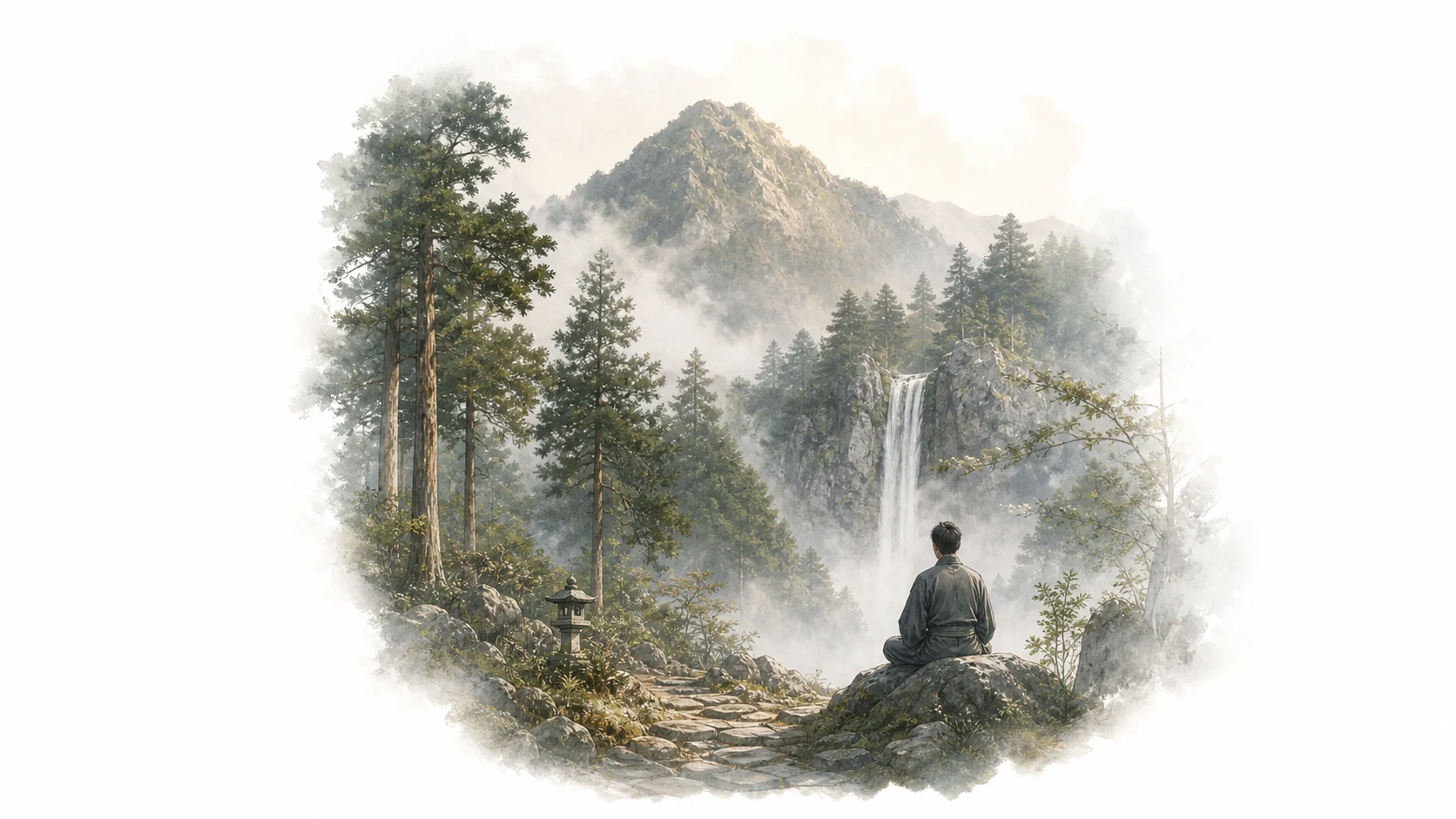 Misty Mount Kurama with a lone figure meditating near a waterfall