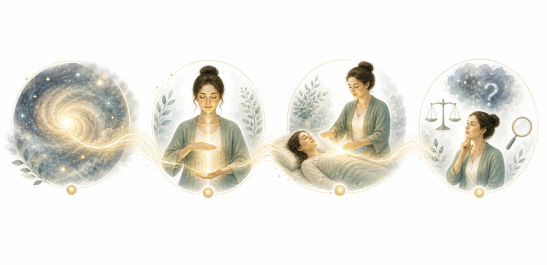 Two-column diagram: Reiki tradition (universe) and science (relaxation, placebo)