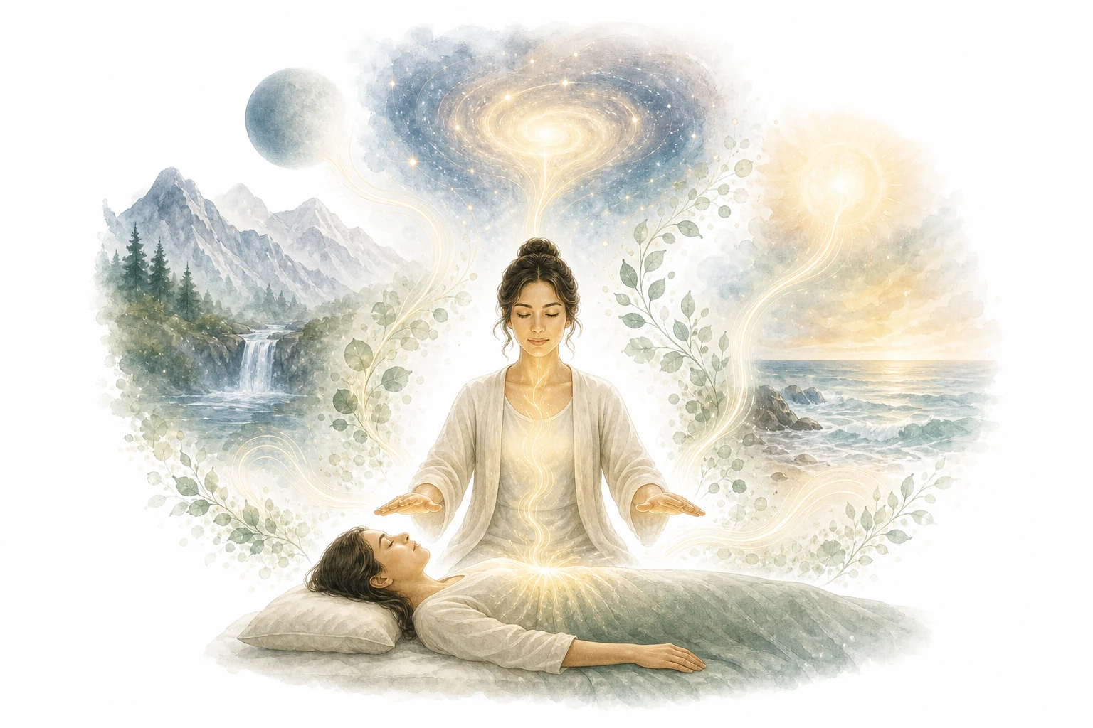Energy flowing from the universe through practitioner to recipient