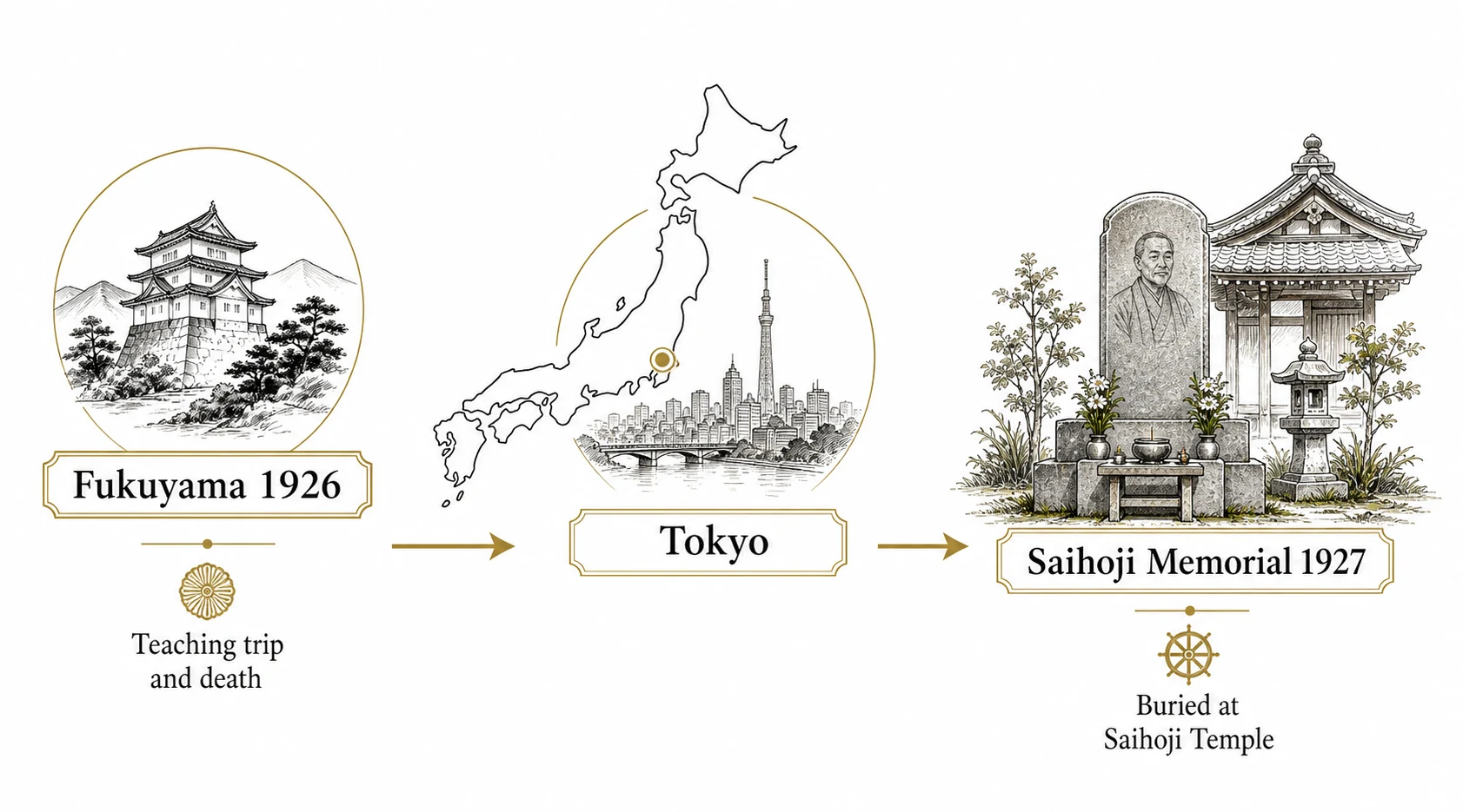 Diagram showing Usui dies in Fukuyama and is memorialized at Saihoji Temple in Tokyo