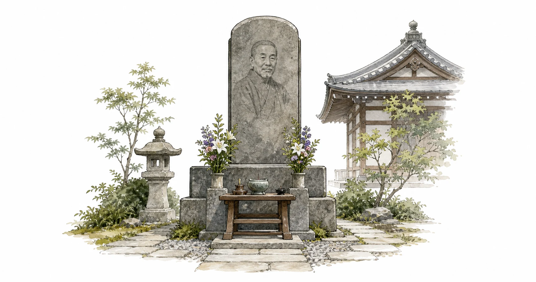 A respectful white-background illustration of Saihoji Temple memorial stones for Mikao Usui