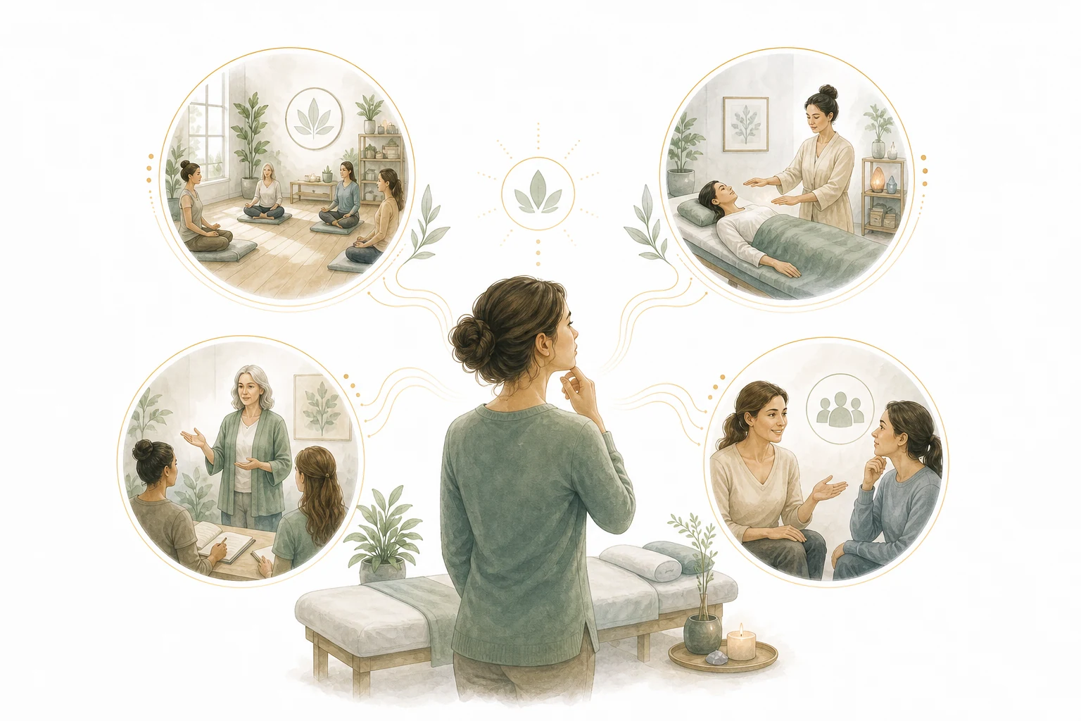 Circle diagram: wellness centers, holistic clinics, online directories, word of mouth, online training