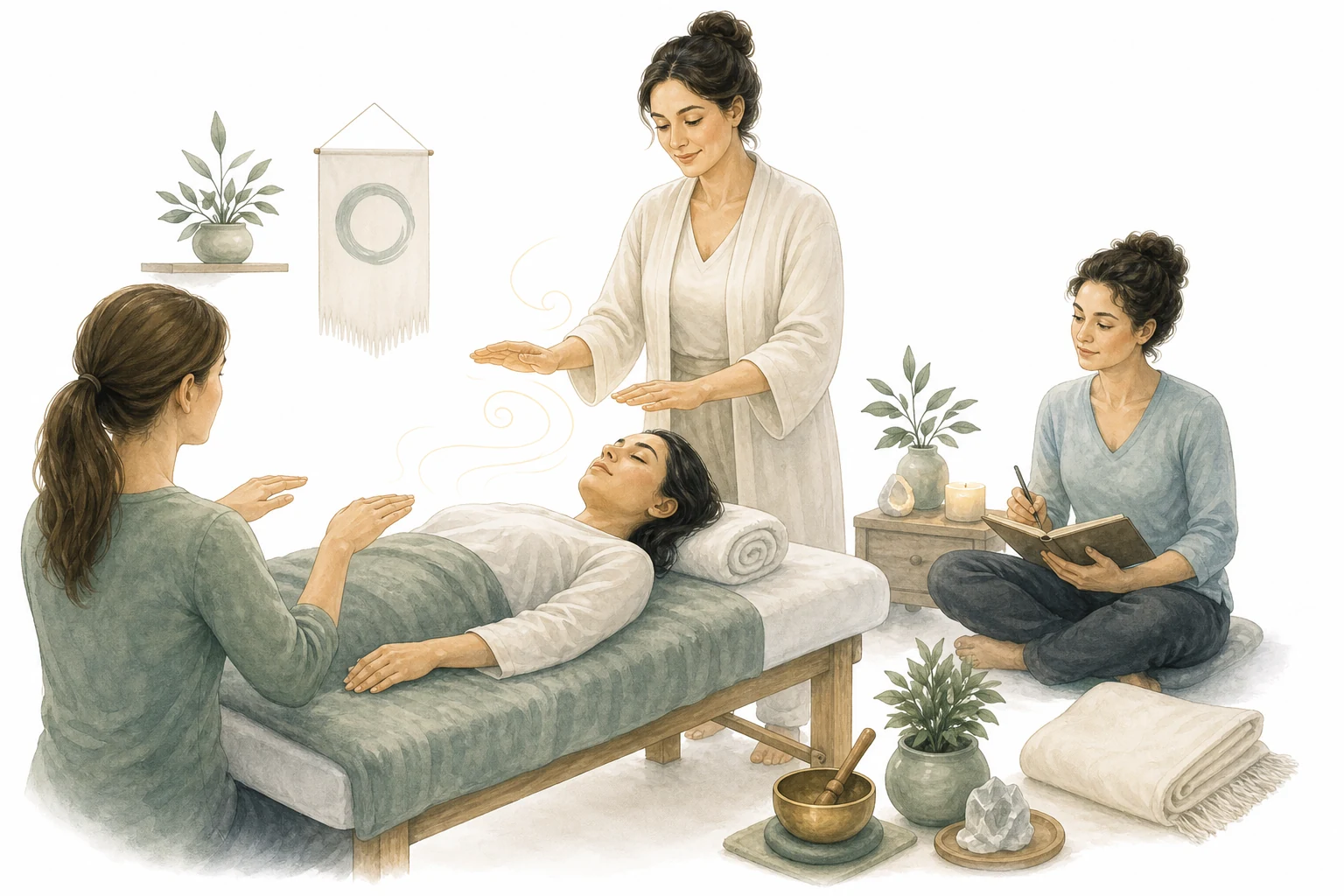 Person learning Reiki healing in a classroom setting