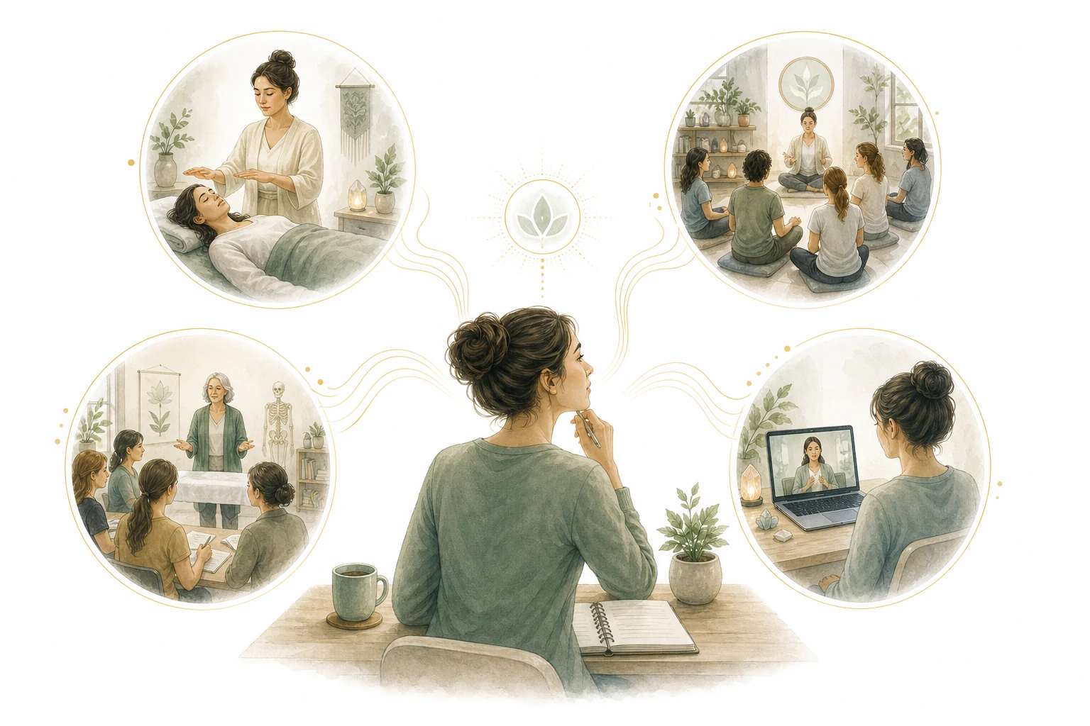 Circle diagram: wellness centers, holistic clinics, online directories, word of mouth, online training, social media