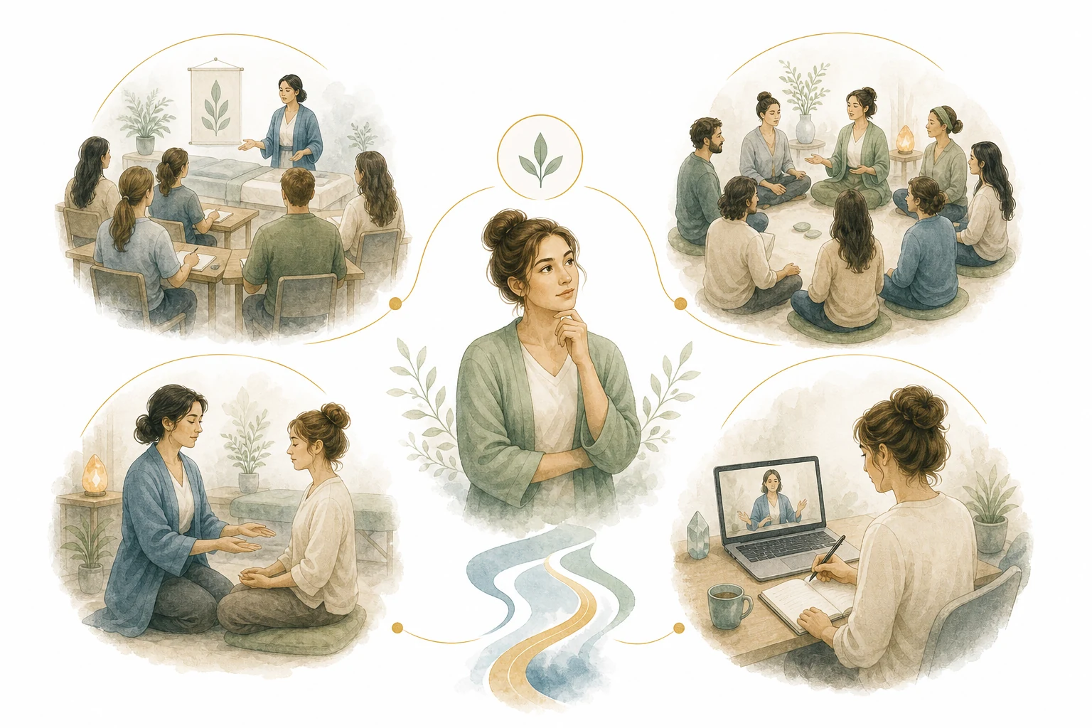 Circle diagram: wellness centers, holistic schools, Reiki masters, online programs, workshops