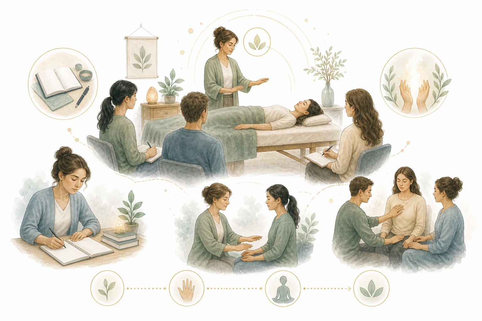Person studying Reiki in a classroom setting, representing formal study