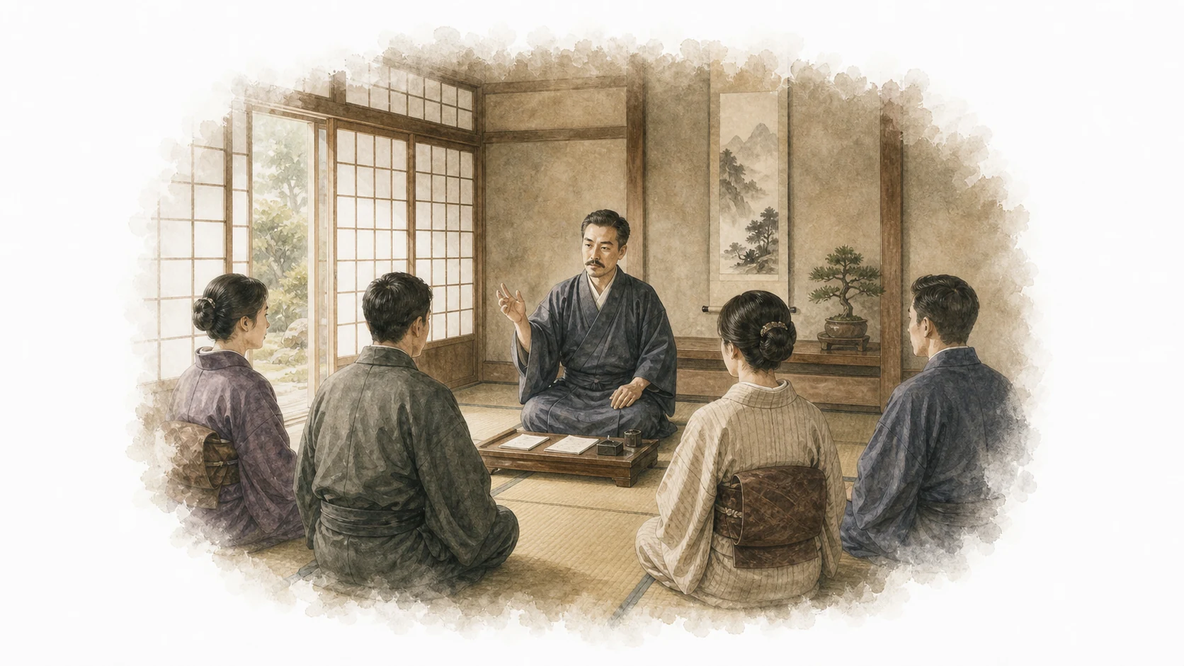 Historical-style illustration of Usui teaching students in a traditional Japanese setting