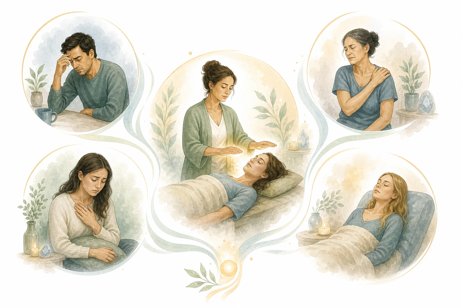 Circle diagram: stress, anxiety, pain, emotional issues, sleep issues, general well-being