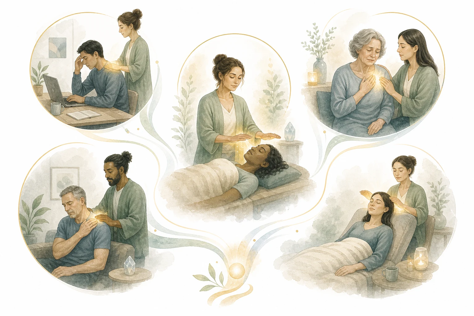 Diverse group of people receiving Reiki, representing who Reiki works for