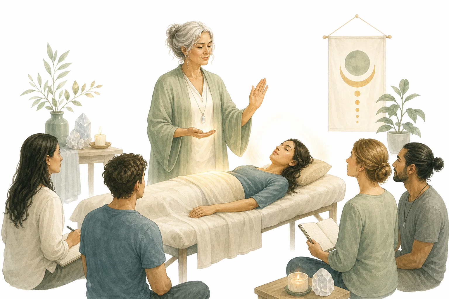 Reiki master giving an attunement, representing the role of a master