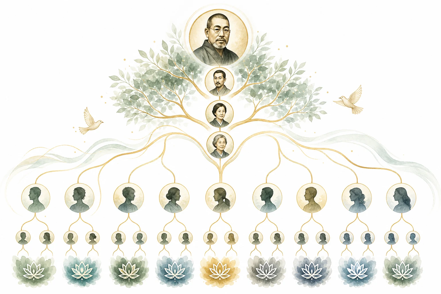 Lineage tree showing Usui, Hayashi, Takata, and different branches