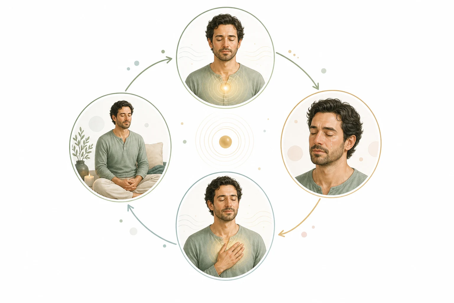 Flow diagram: Energy channels open to stored emotions surface to emotional release