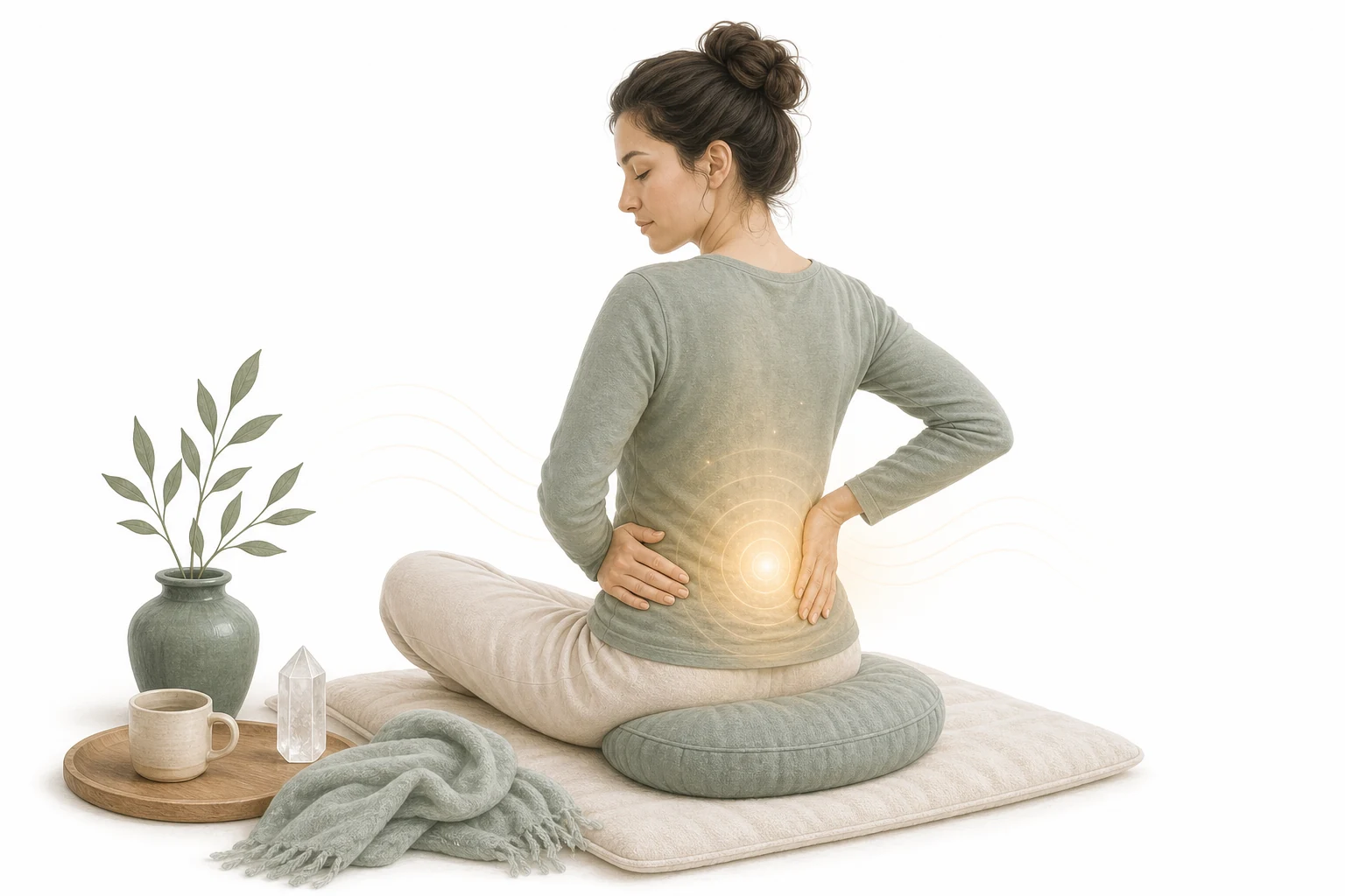 Person holding lower back, representing back pain after attunement