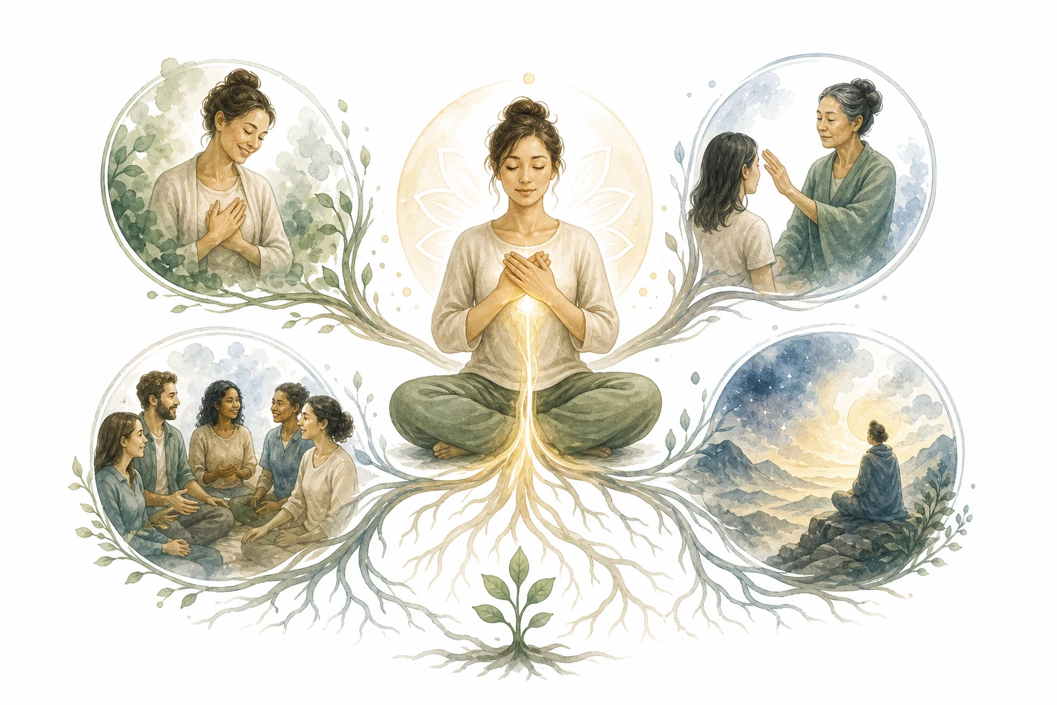 Circle diagram: personal experience, stress reduction, emotional healing, better sleep, community, safety