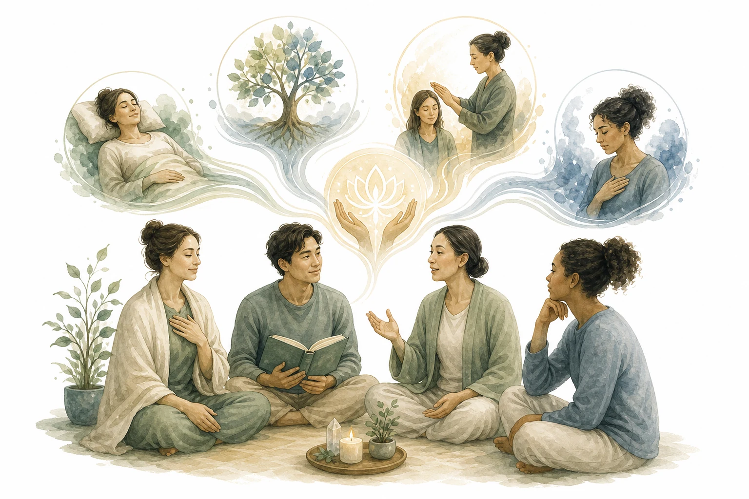 Diverse group of people practicing Reiki, representing belief and community