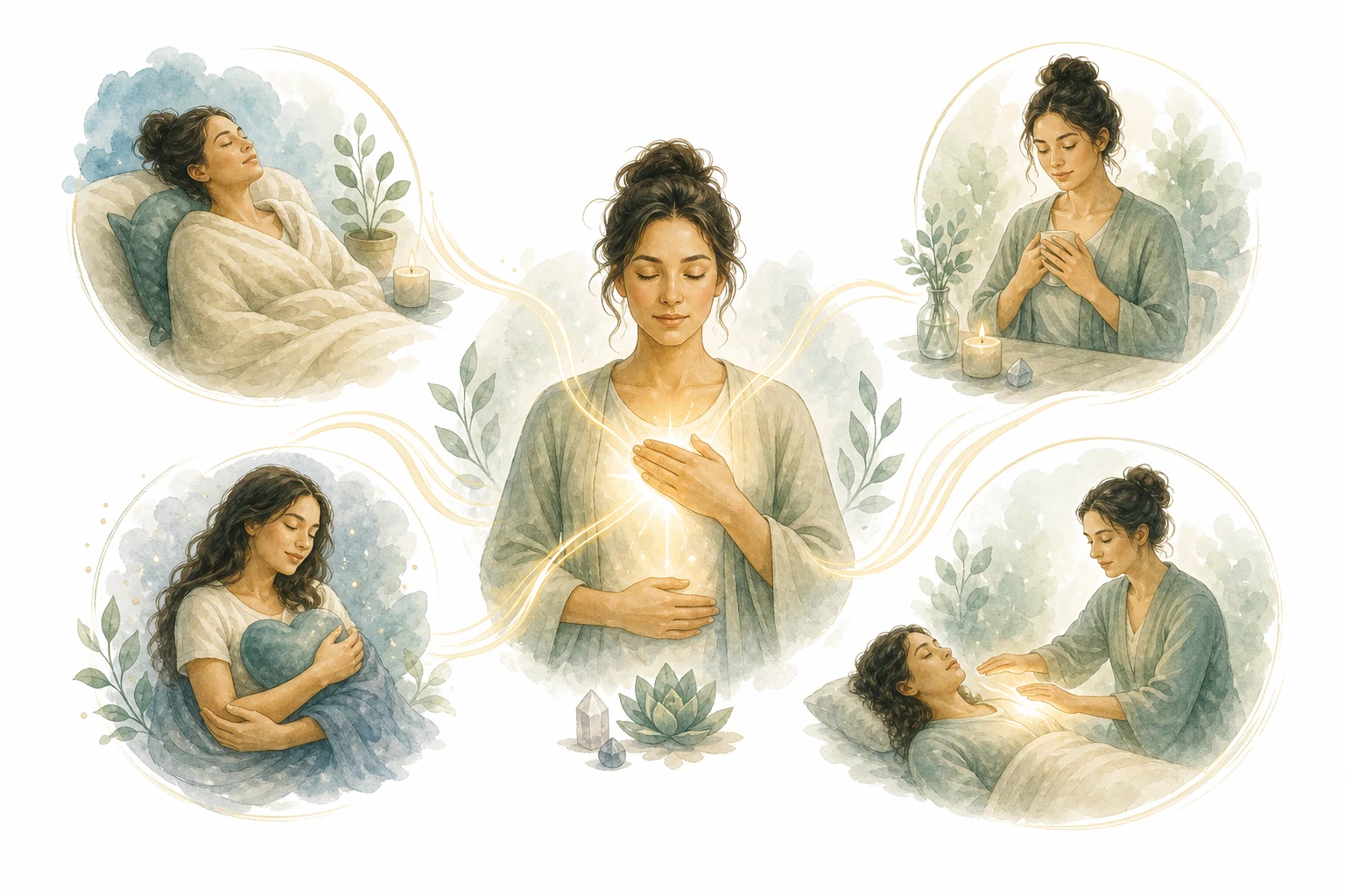Circle diagram with reasons: stress relief, anxiety, pain, emotional healing, sleep, spiritual growth, helping others