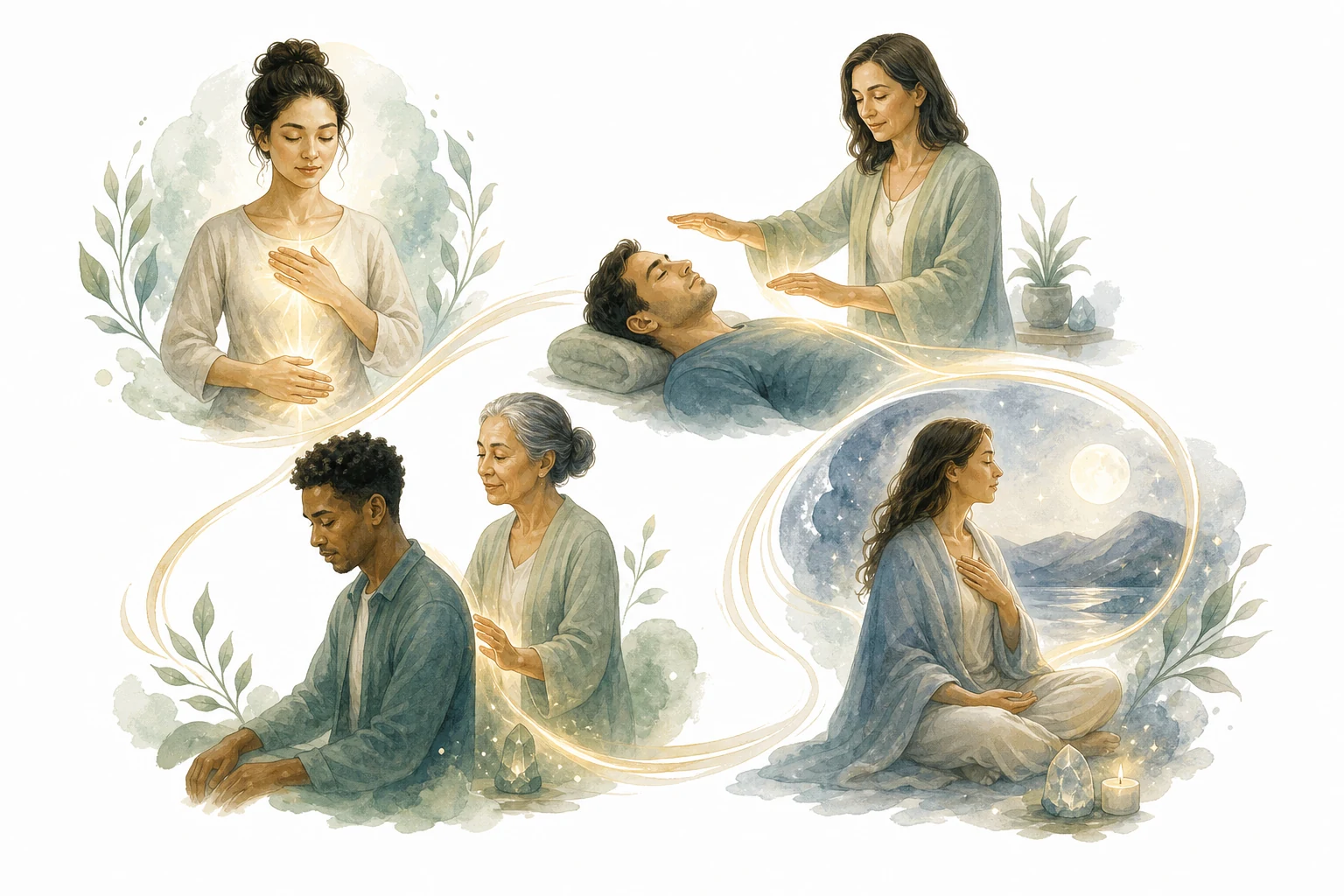 Diverse group of people receiving Reiki, representing different reasons