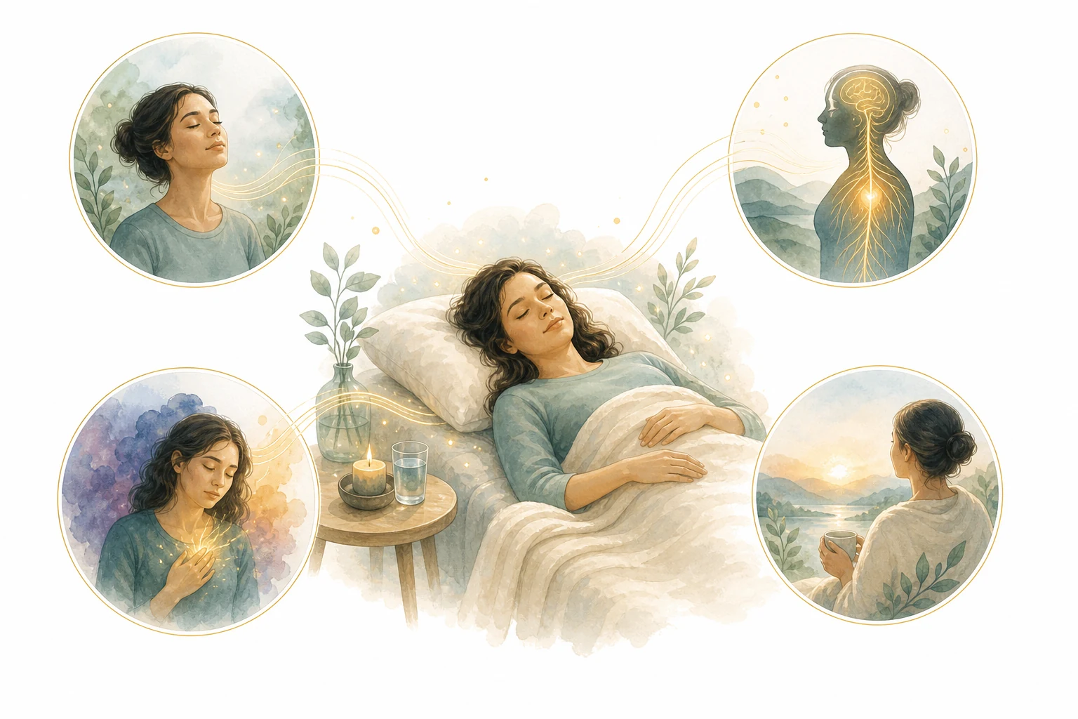 Flow diagram: Reiki session to nervous system shift to processing to sleepiness to rest to renewal