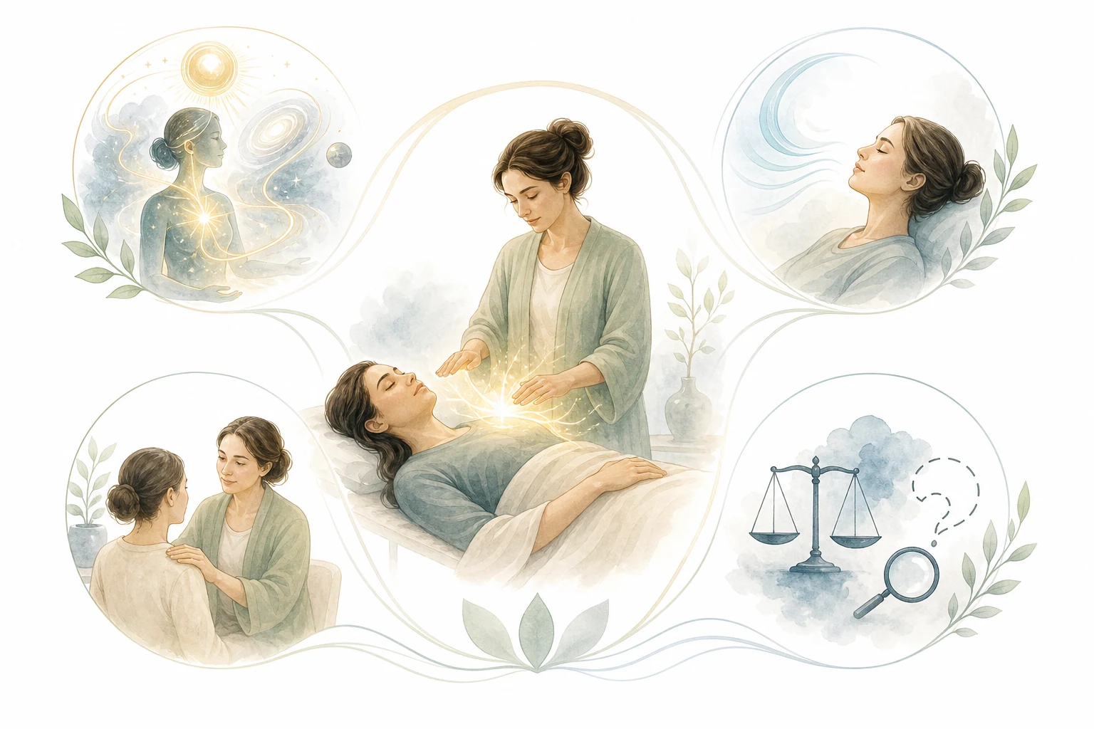 Two-column diagram: Reiki tradition (universal life energy) and science (relaxation, placebo, compassionate touch)