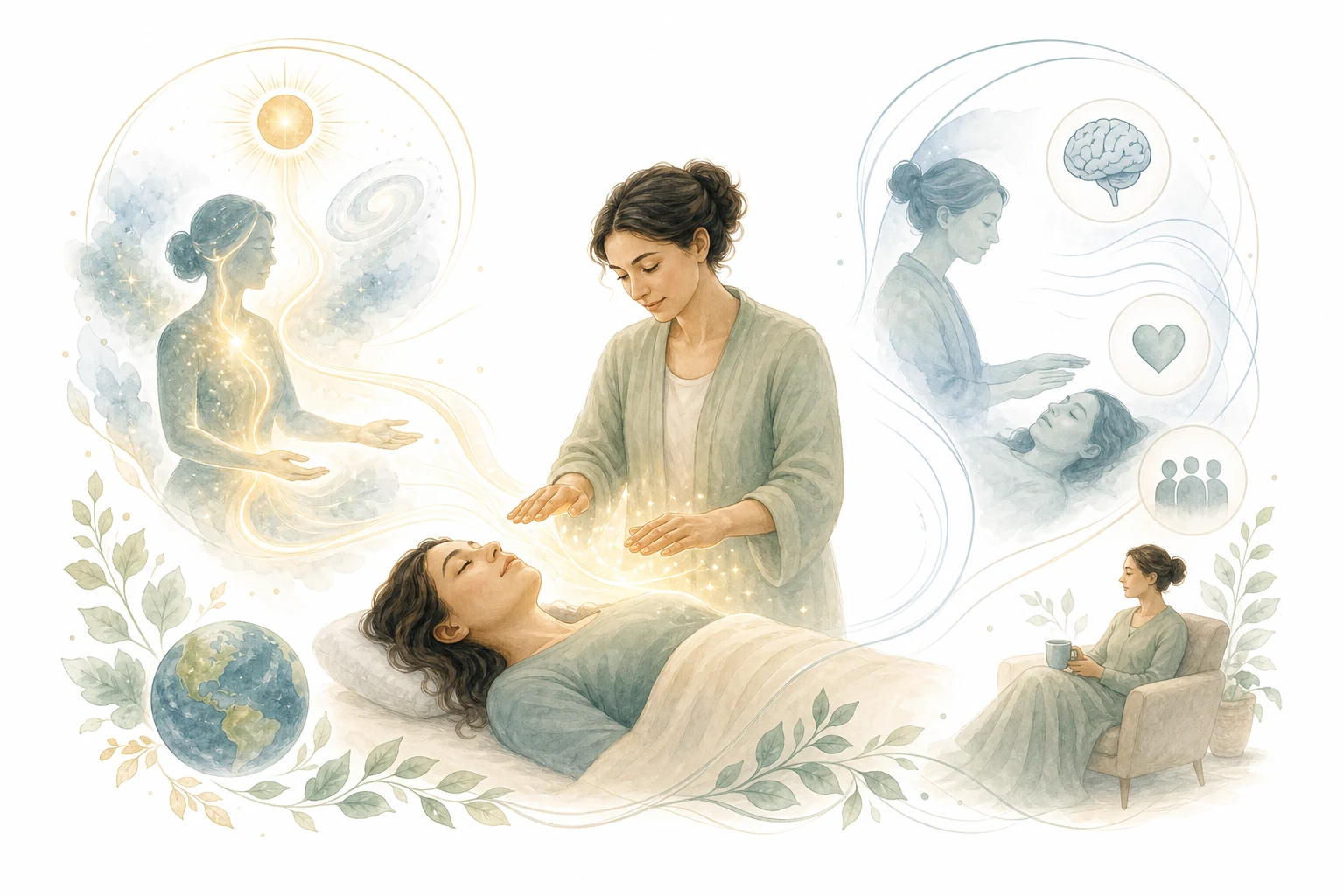 Energy flowing through practitioner to recipient, representing the mechanism of Reiki
