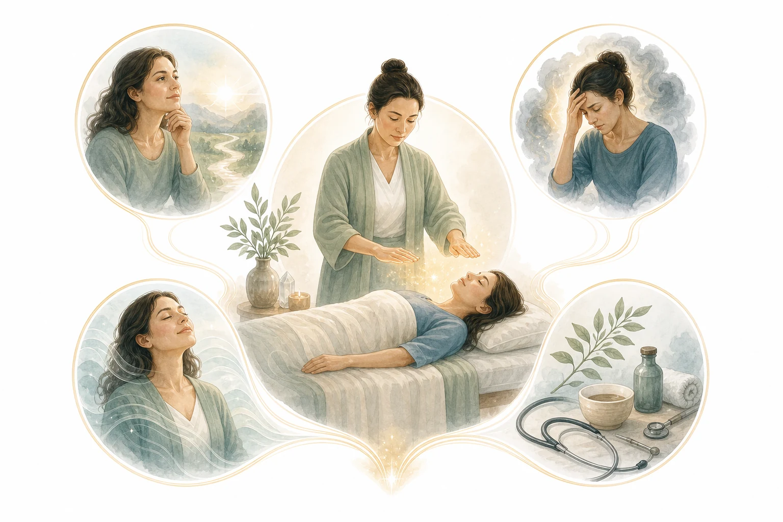 Circle diagram: stress, anxiety, pain, emotional healing, sleep, well-being