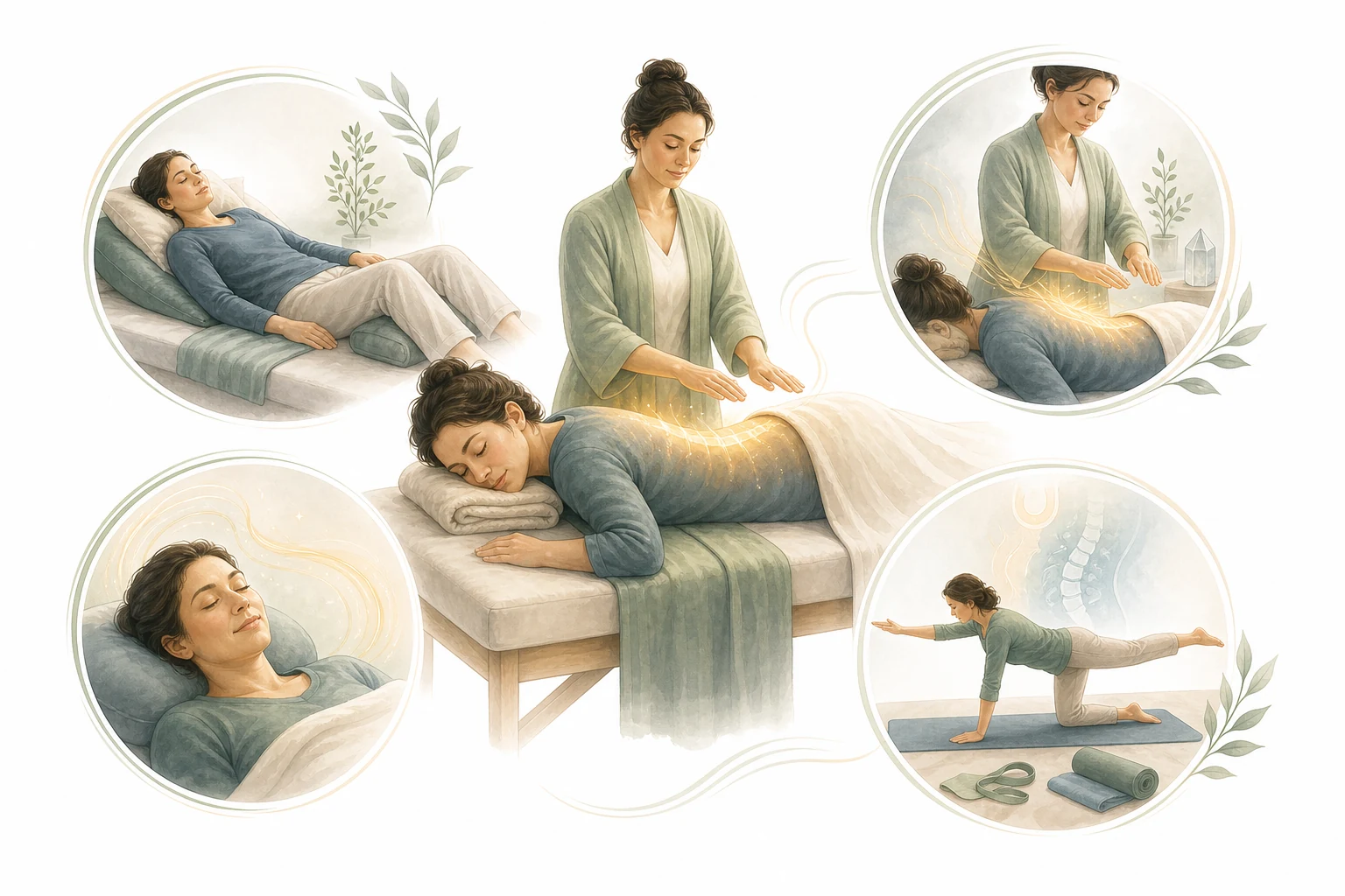 Flow diagram: Reiki to relaxation to muscle tension reduction to pain reduction